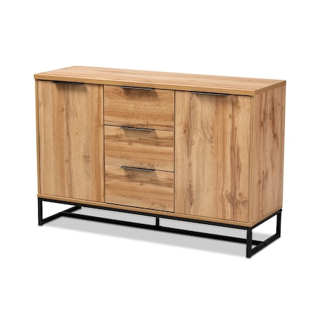 Baxton Studio Reid Oak Finished Wood and Black Metal 3-Drawer Sideboard Buffet 162-10295